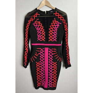 Bebe Mesh Crisscross Sexy Bodycon Long Sleeve Dress Size Small Stretch Women’s